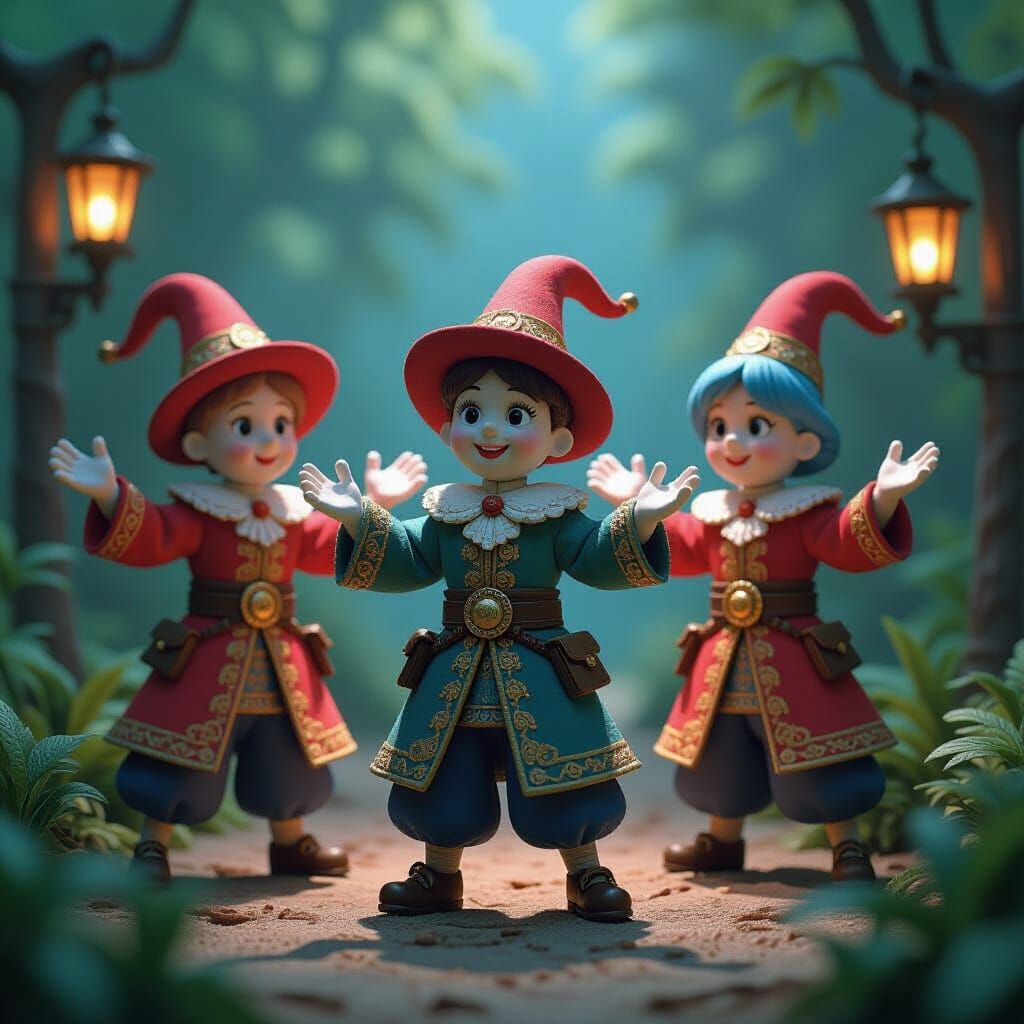 Ornate Clay Figures Dancing in a Fantasy Realm