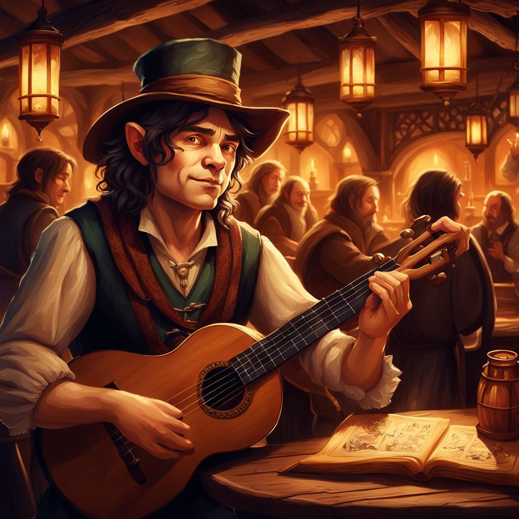 Halfling Bard Charms Wenches in Tavern Portrait