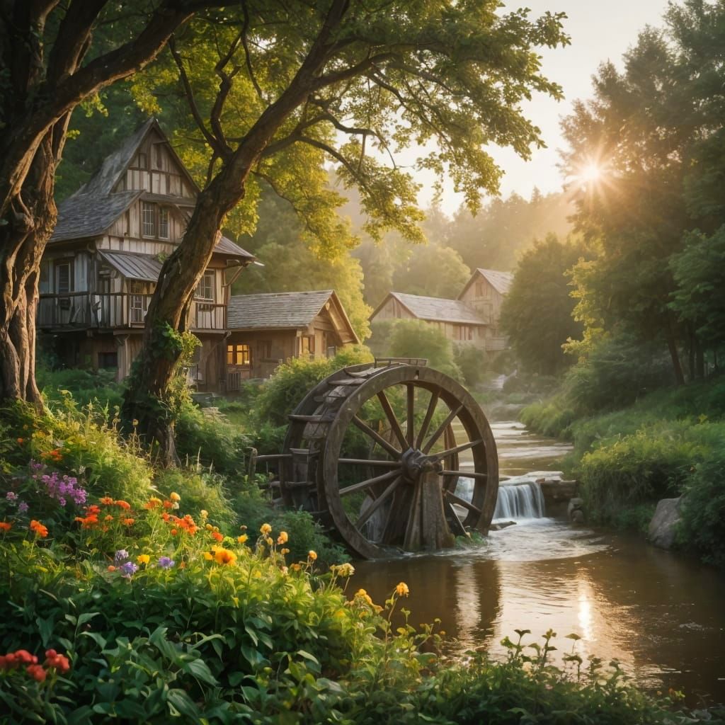 Futuristic Waterwheel Powers Idyllic Village in Whimsical Fa...