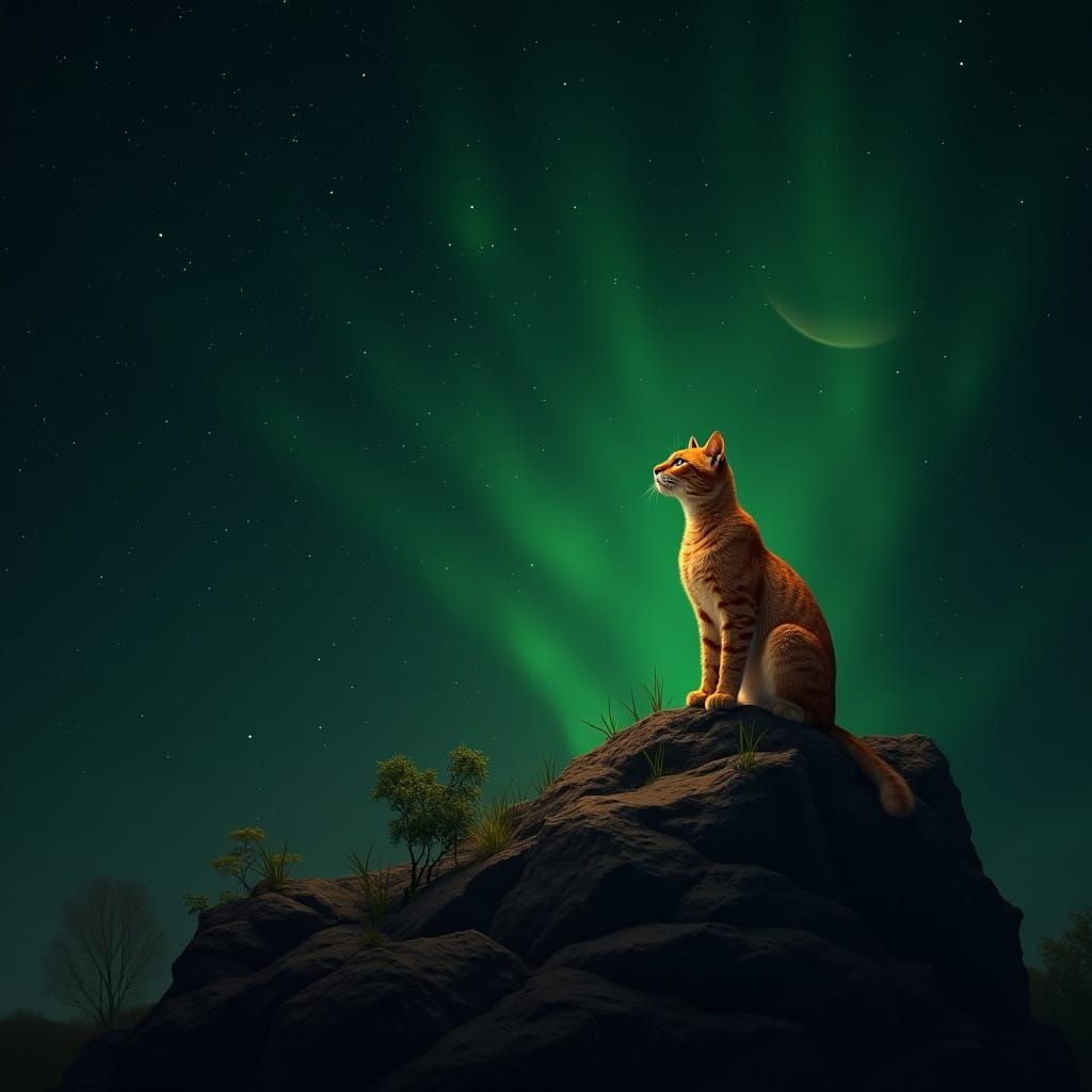 Ethereal Nightsky Encounter: Golden Cat Amidst Vibrant Celes...