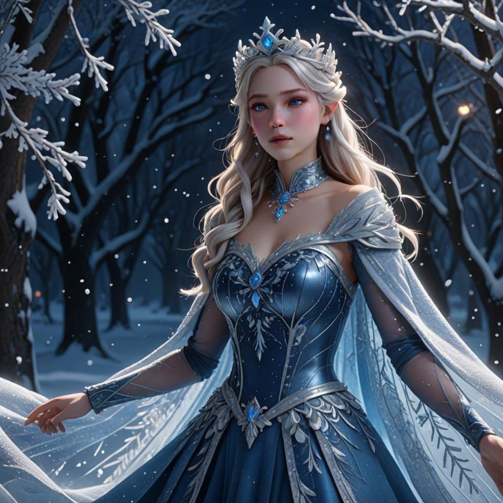 Magical Snow Queen in Frozen Winter Landscape