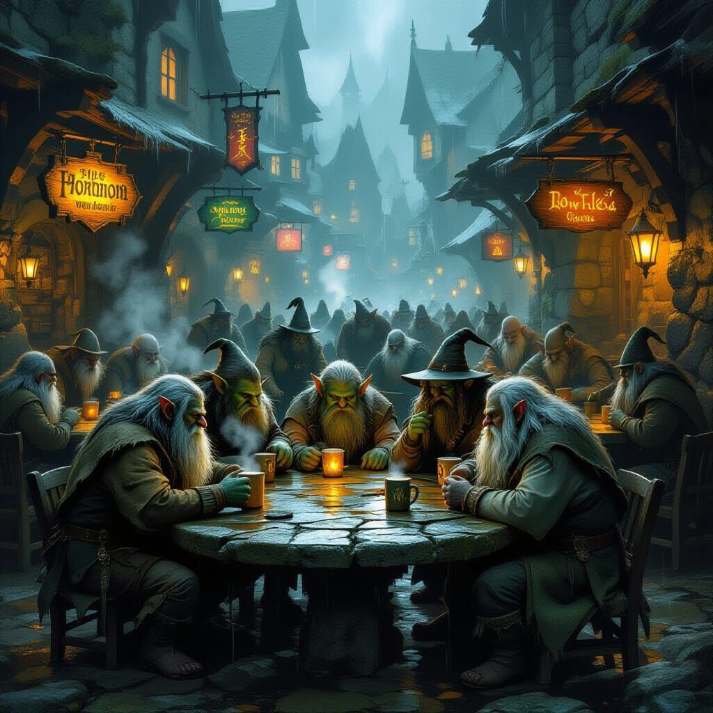 Trolls Gathered in Dimly Lit, Rain-Slicked Cafe