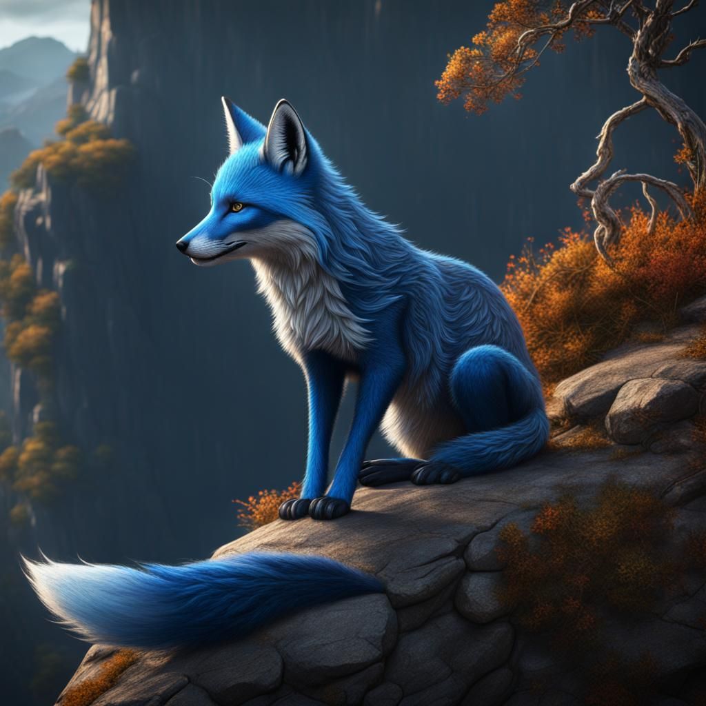 Blue Fox on Cliffside: Detailed Matte Painting