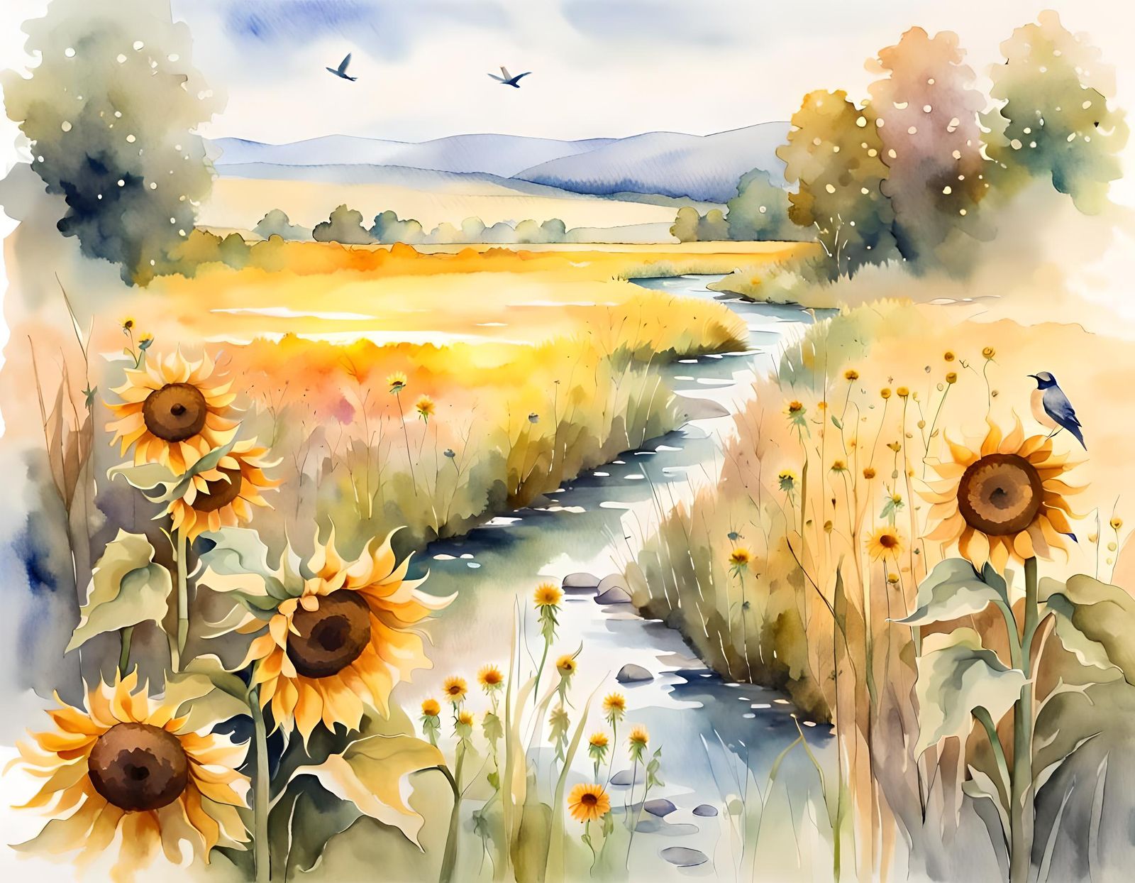 Watercolor Sunflowers in Idyllic Meadow