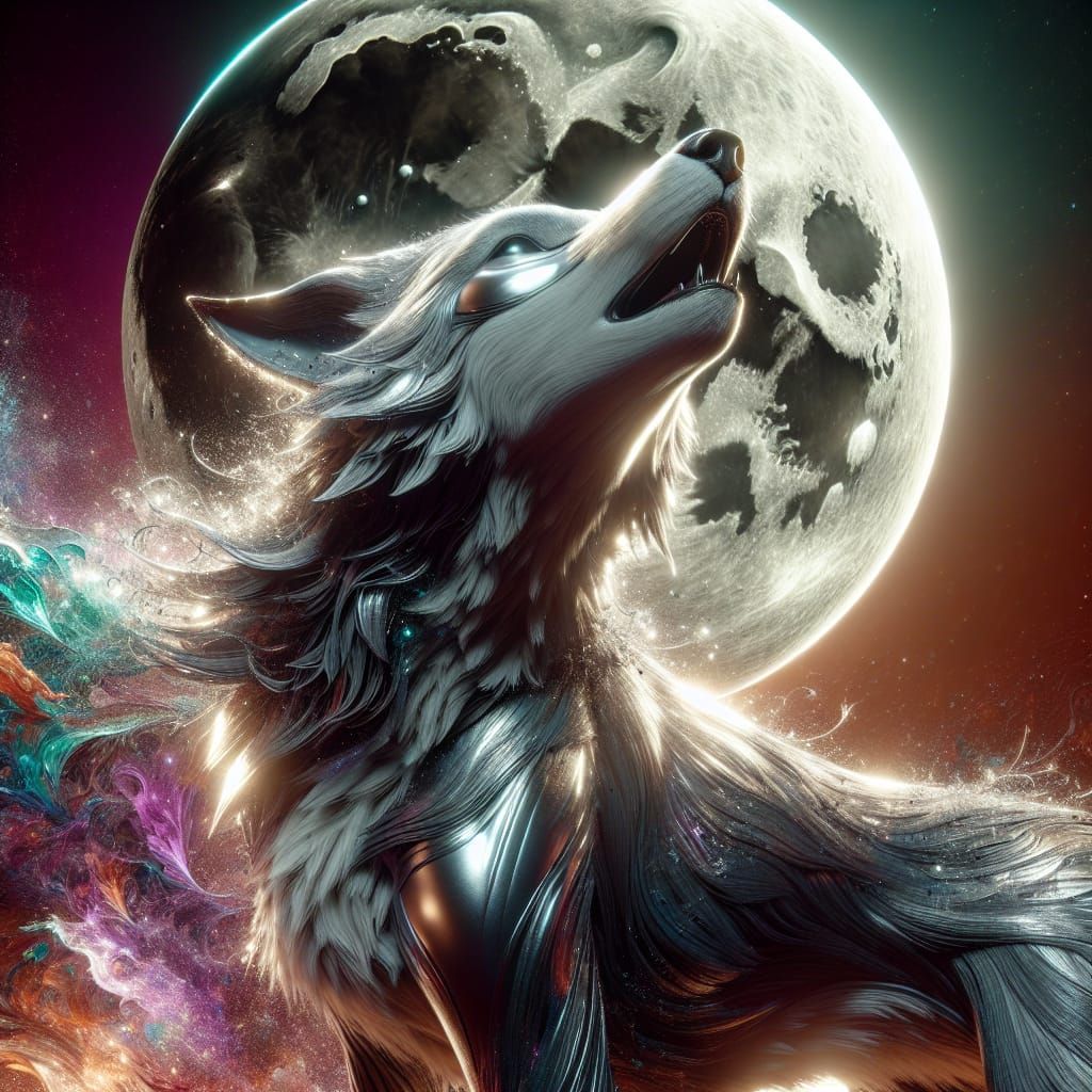 Majestic She-Wolf Howling at Moon, Hyperrealistic Splash Art