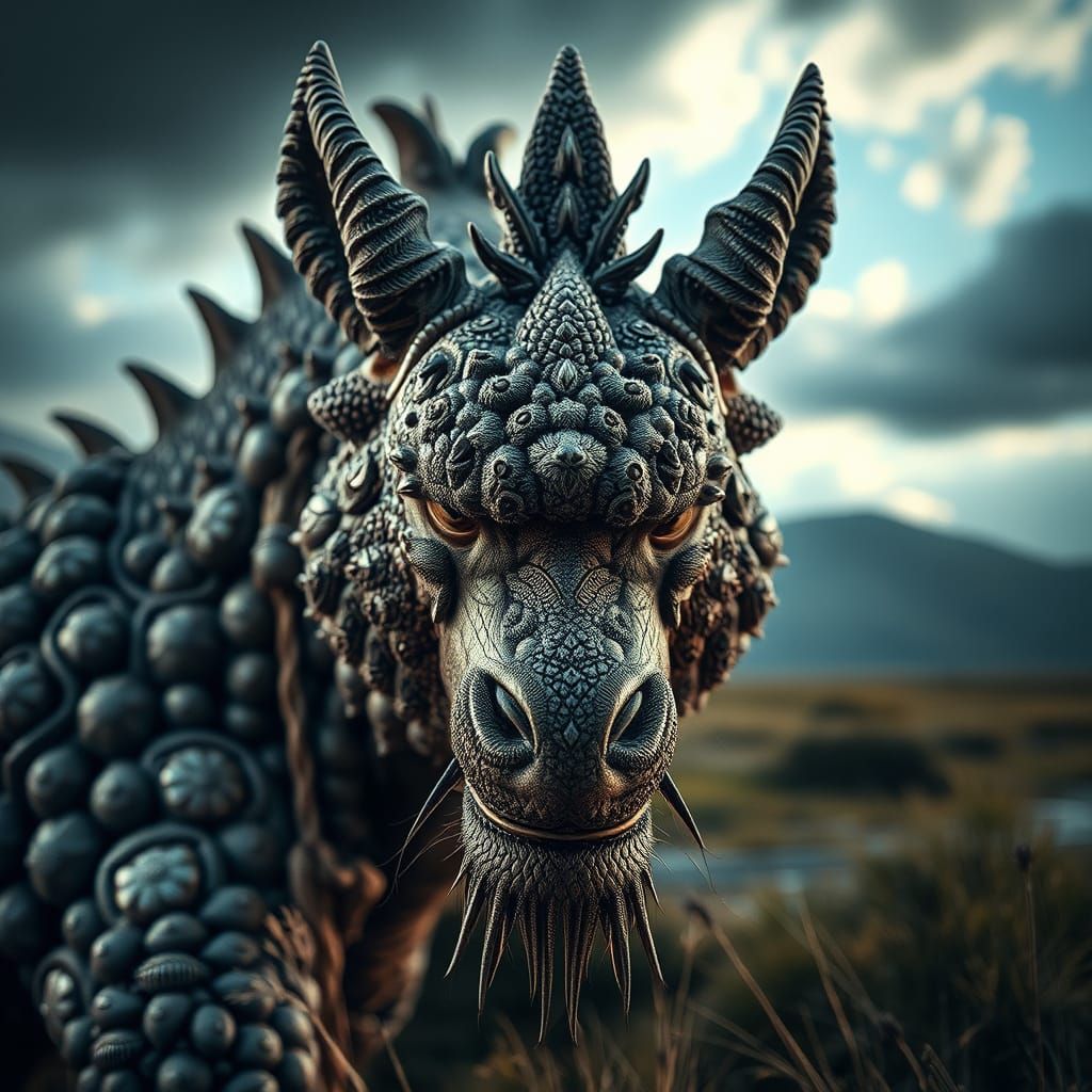Majestic Creature in Dramatic Landscape, Inspired by Hyper-R...