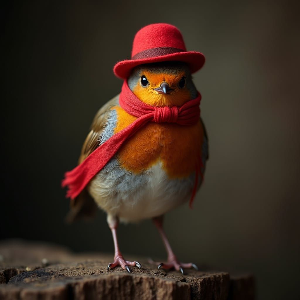 Proud Robin in Red Hat and Scarf, Hyperrealistic
