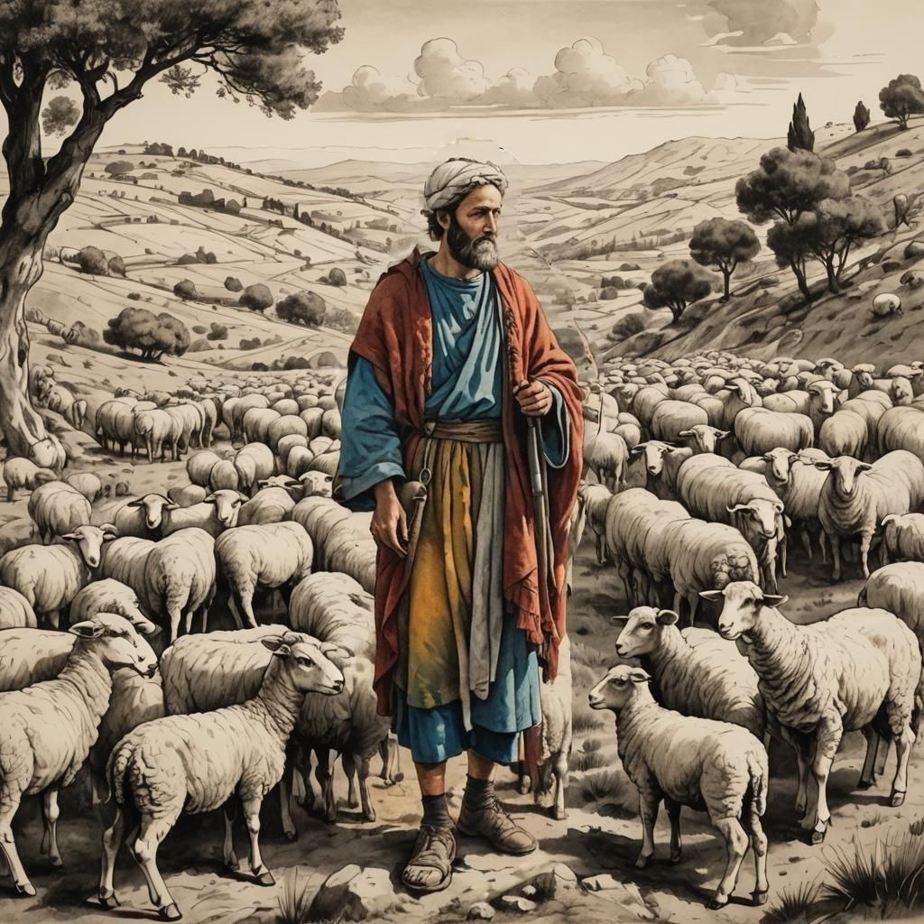 King David as Young Shepherd, Pen and Ink