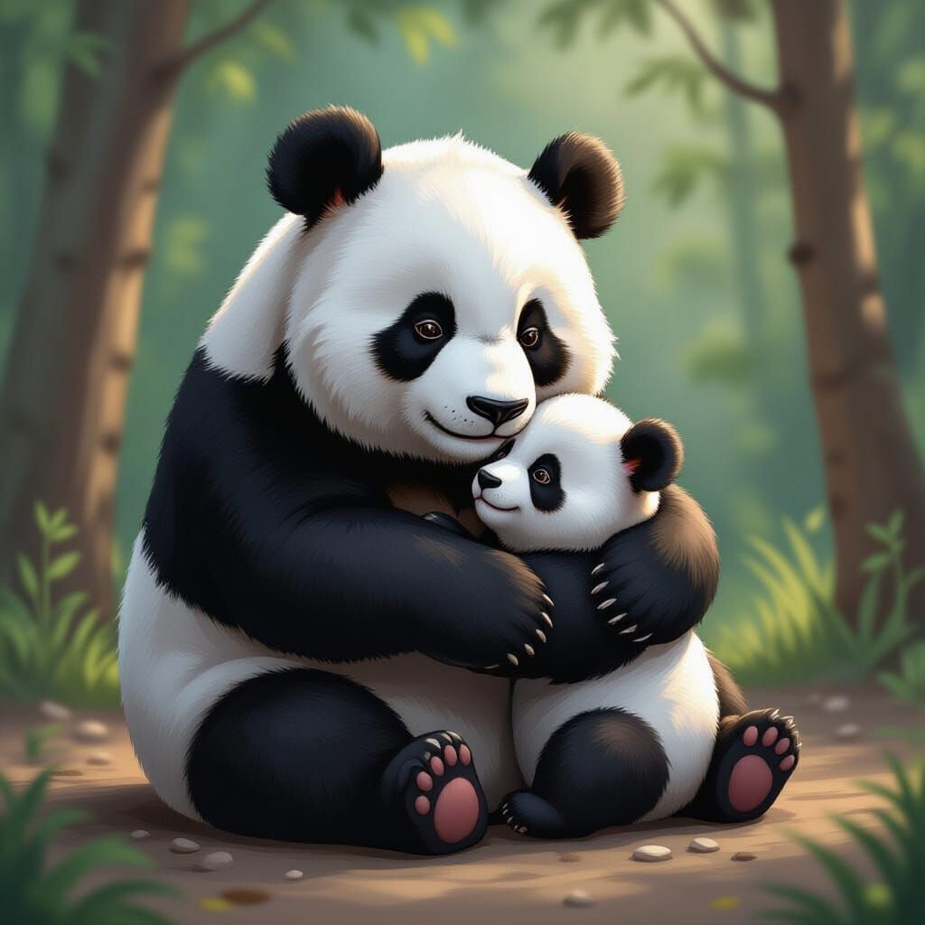 Melting Panda Hugs Cub In Hyper-Realistic Style