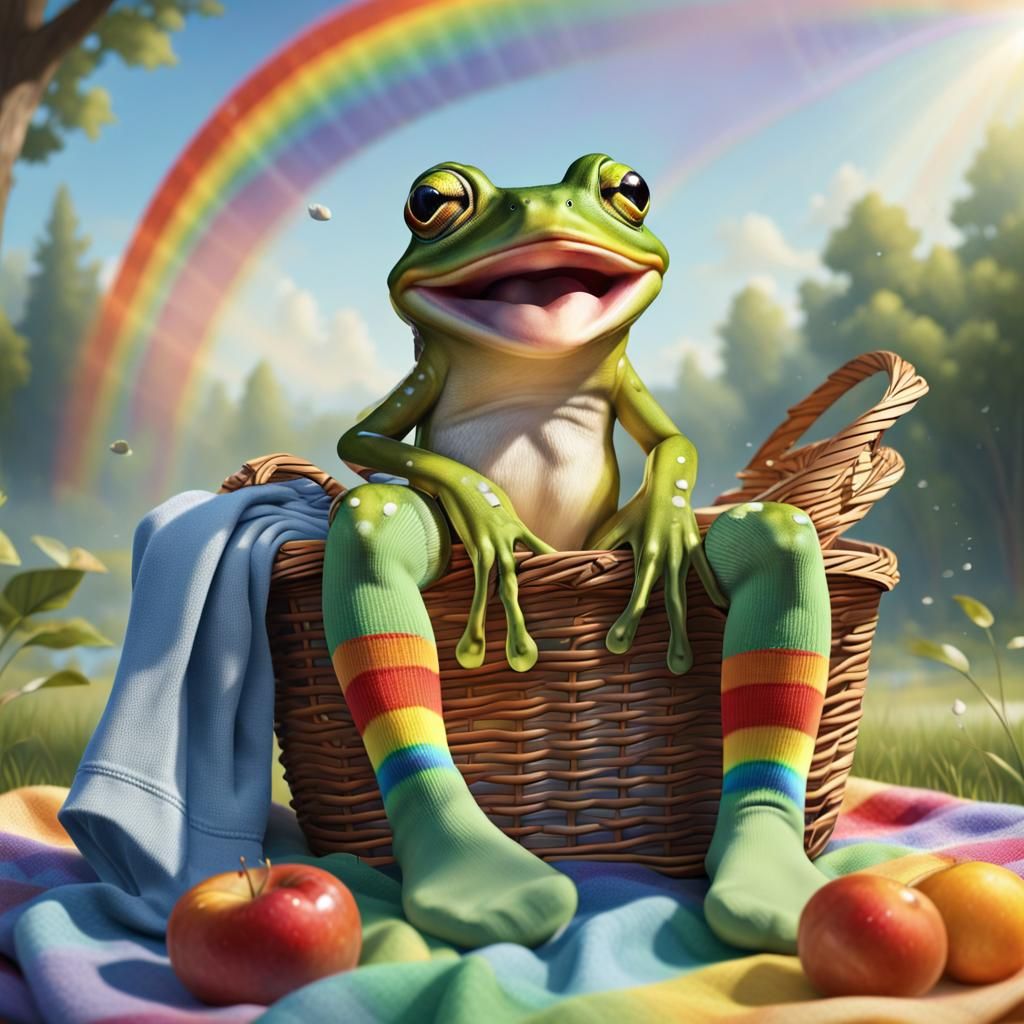 Frog in Rainbow Sock on Sunny Picnic