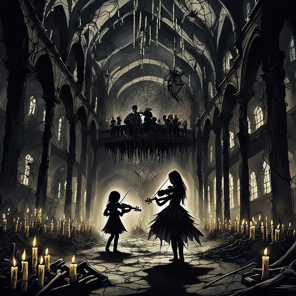 Child Violinist in Abandoned Concert Hall: Dark Fantasy
