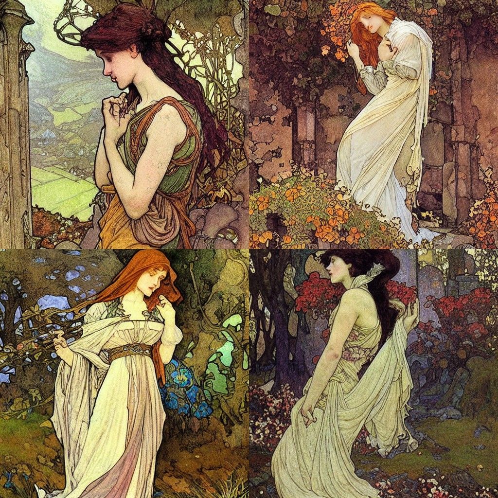 Romantic Woman in Irish Ruins, Art Nouveau Style