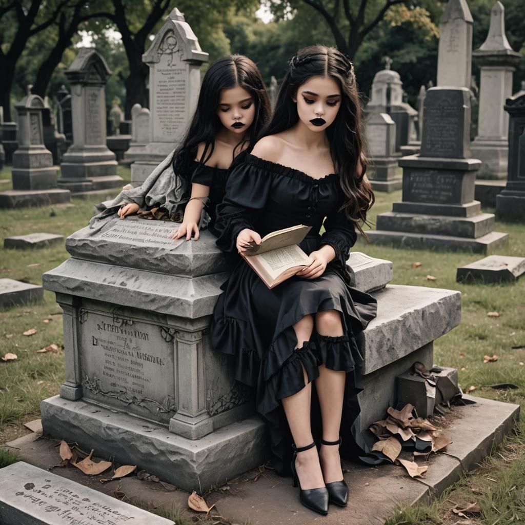 Young Girl Reading Spellbook on Tombstone