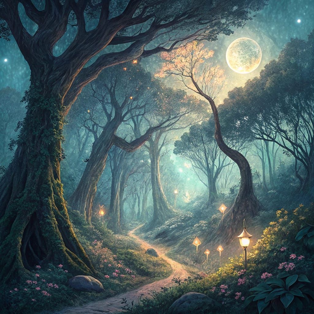 Dreamlike Fey Woods in Ethereal Moonlit Landscape