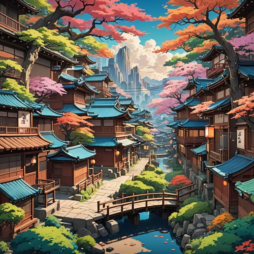 Vibrant Anime Backgrounds in Cel-Shaded Style