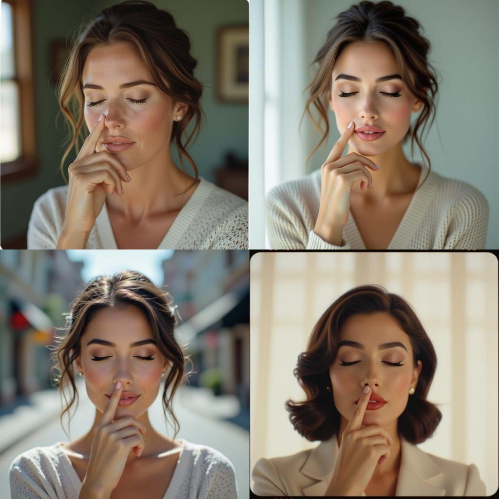 Woman Touches Nose in Cinematic Film Still