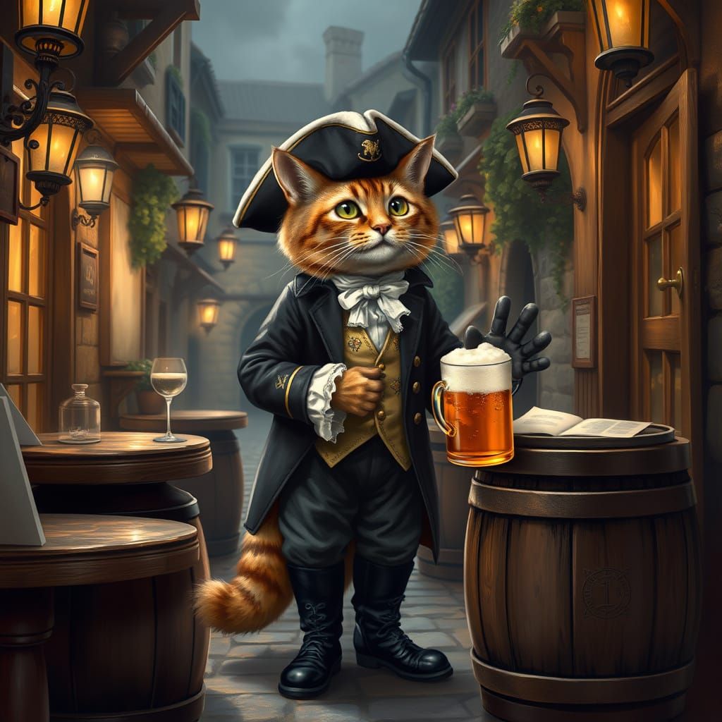 Dapper 18th Century Cat Sips Ale in Quaint Pub