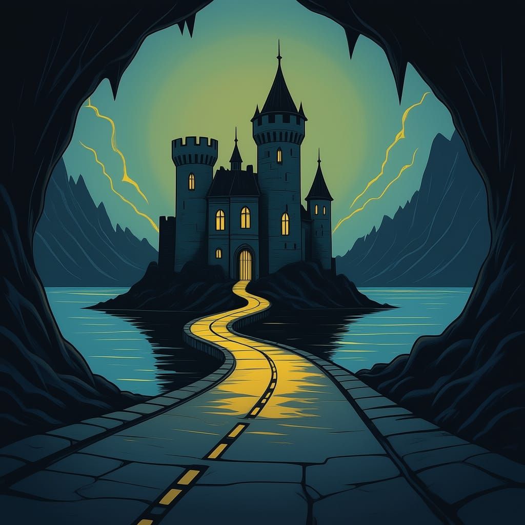 Ancient Gothic Castle in Cavern with Yellow Light