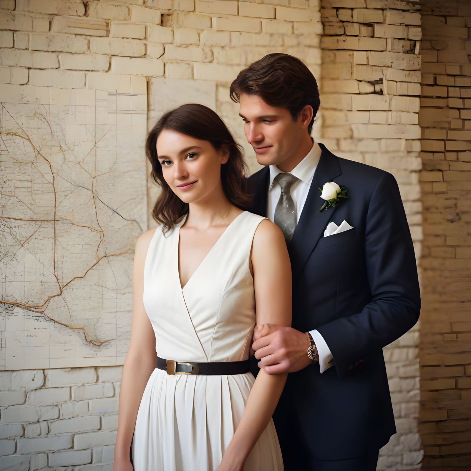 Couple Poses in Cozy Brick Room with Vintage Illinois Map