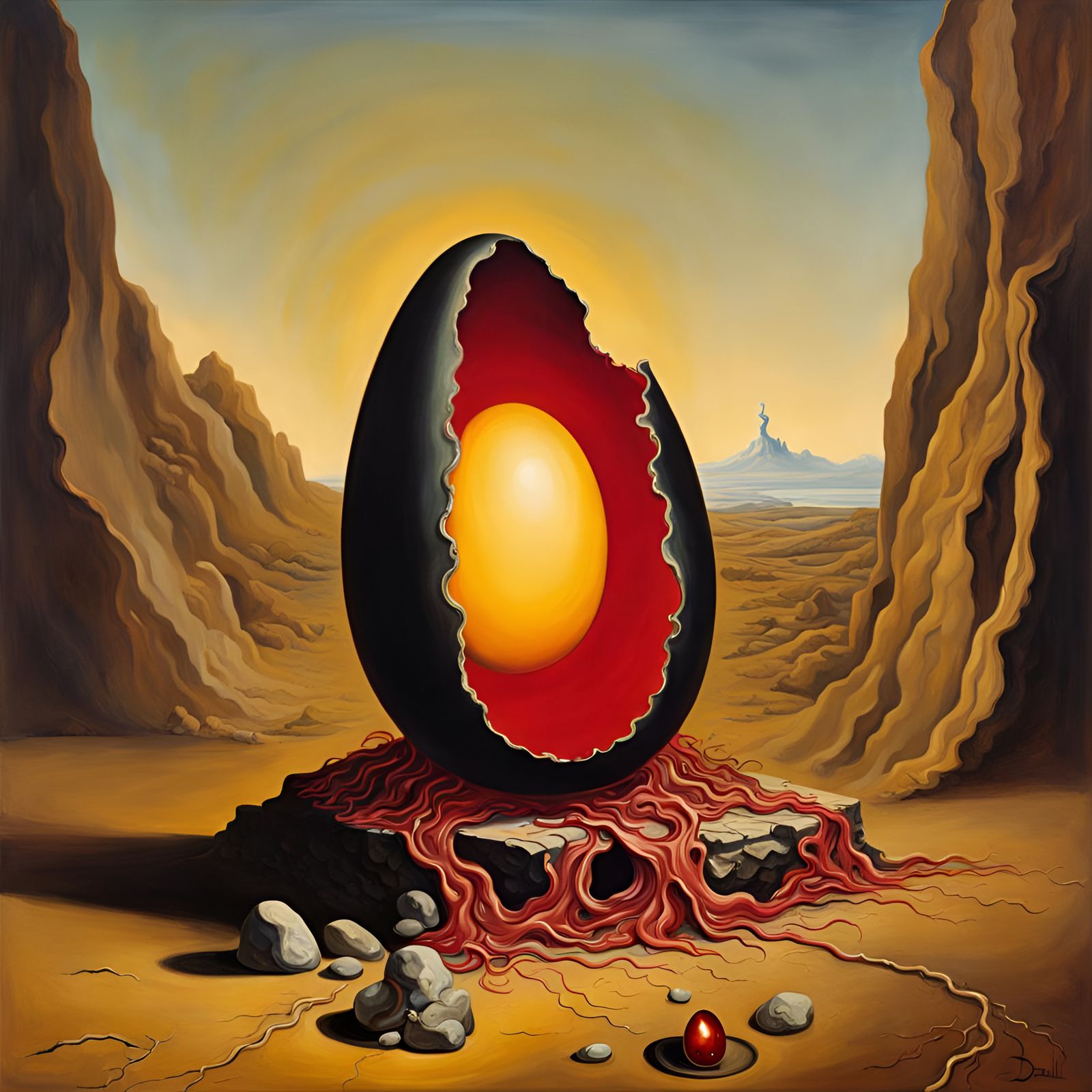 Phoenix Egg, surreal, with yolk exposed.