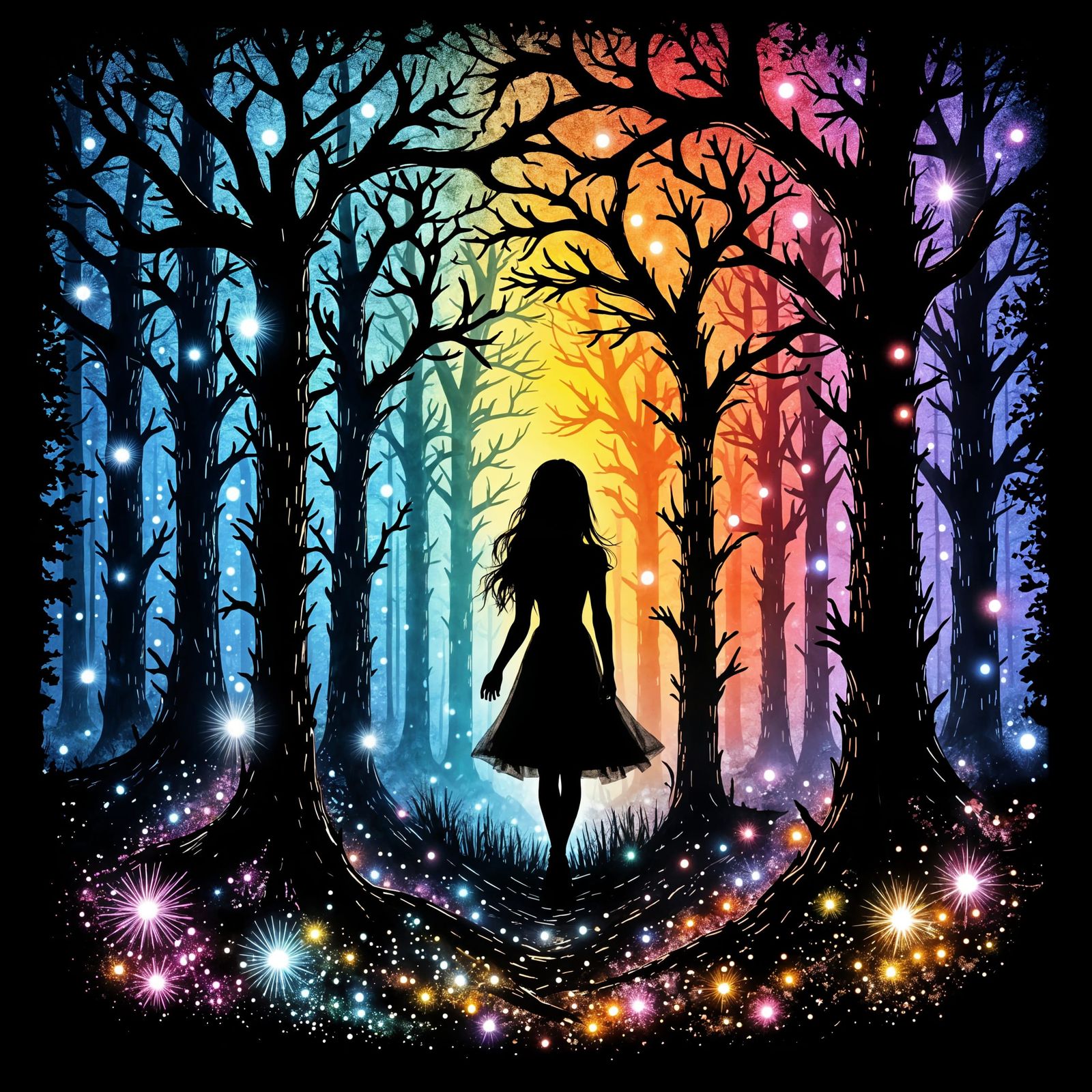 Rainbow Magical Forest in Blacklit Style