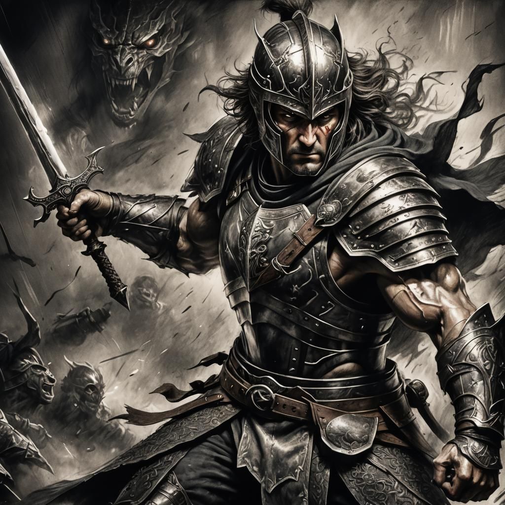 Fierce Fantasy Fighter Combat in Charcoal Style