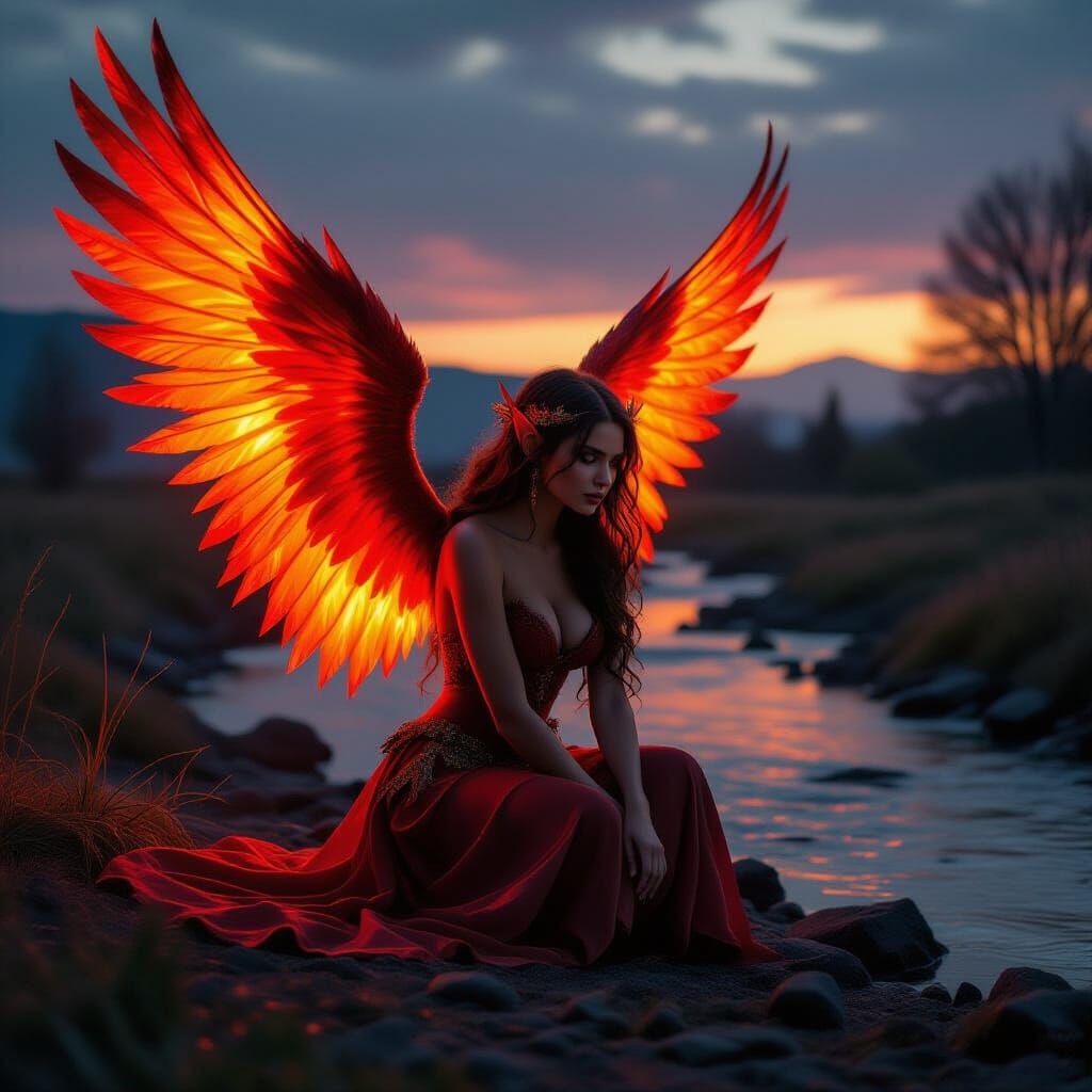 Fiery Fairy Kneeling by Lava Stream