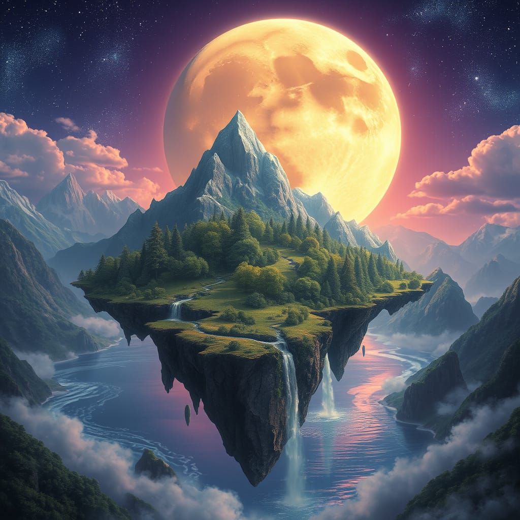 Majestic Flying Island Under a Glowing Moonlit Sky
