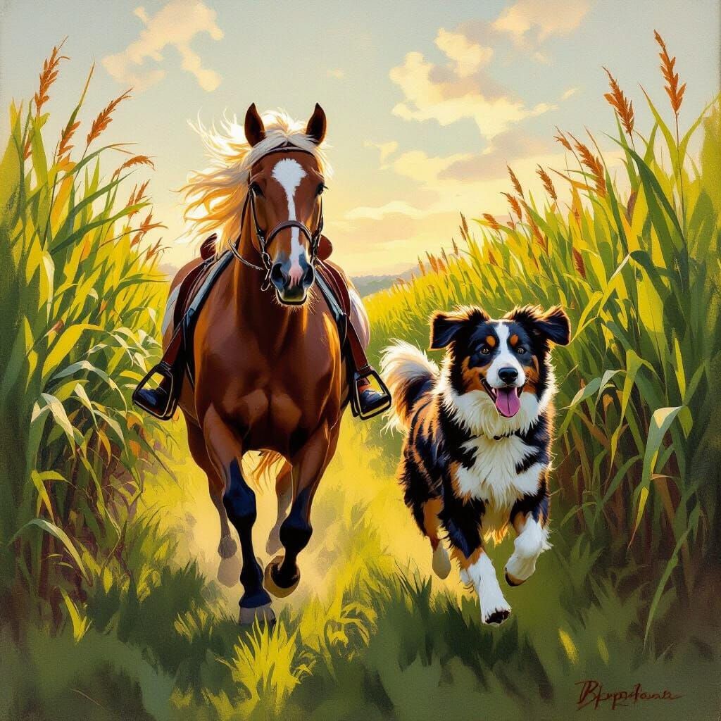 Happy Horse and Dog Gallop Through Cane Field