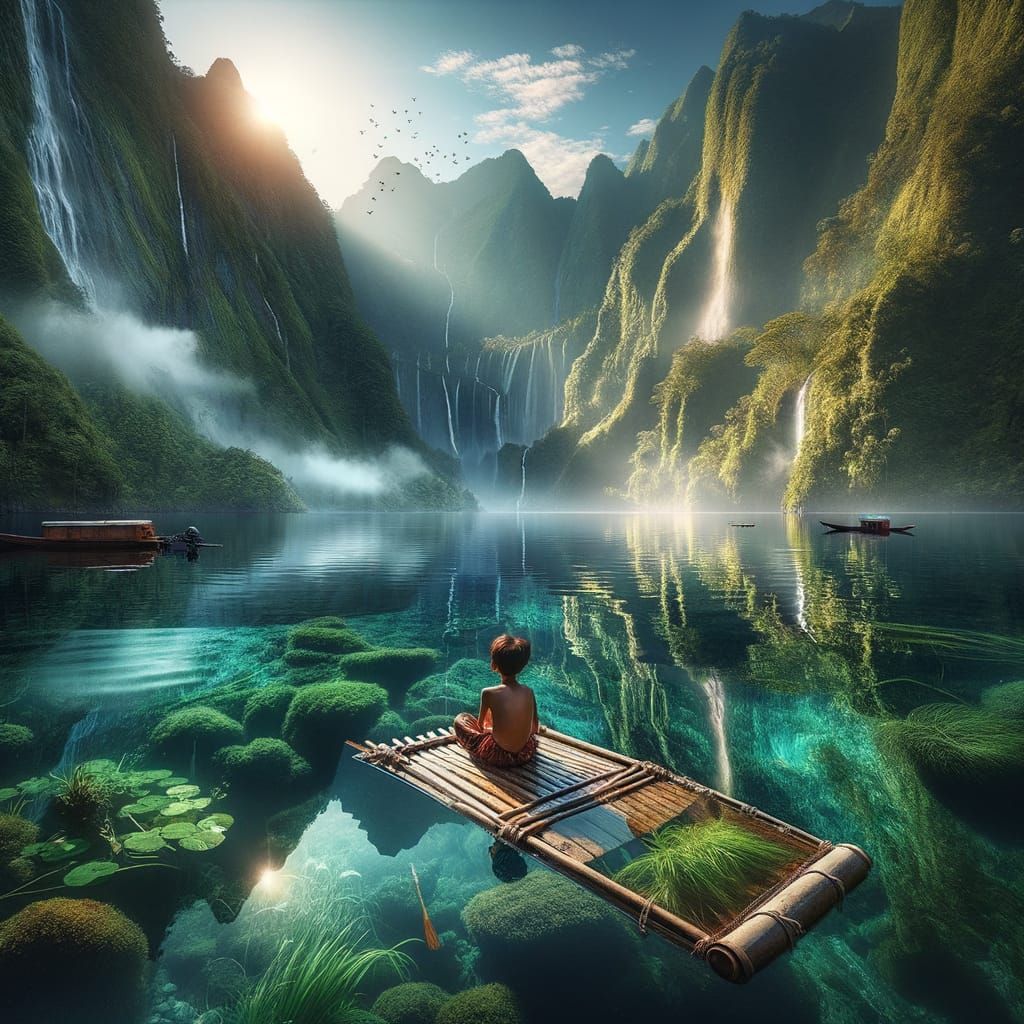 Serene Mountain Lake Landscape with Boy on Raft