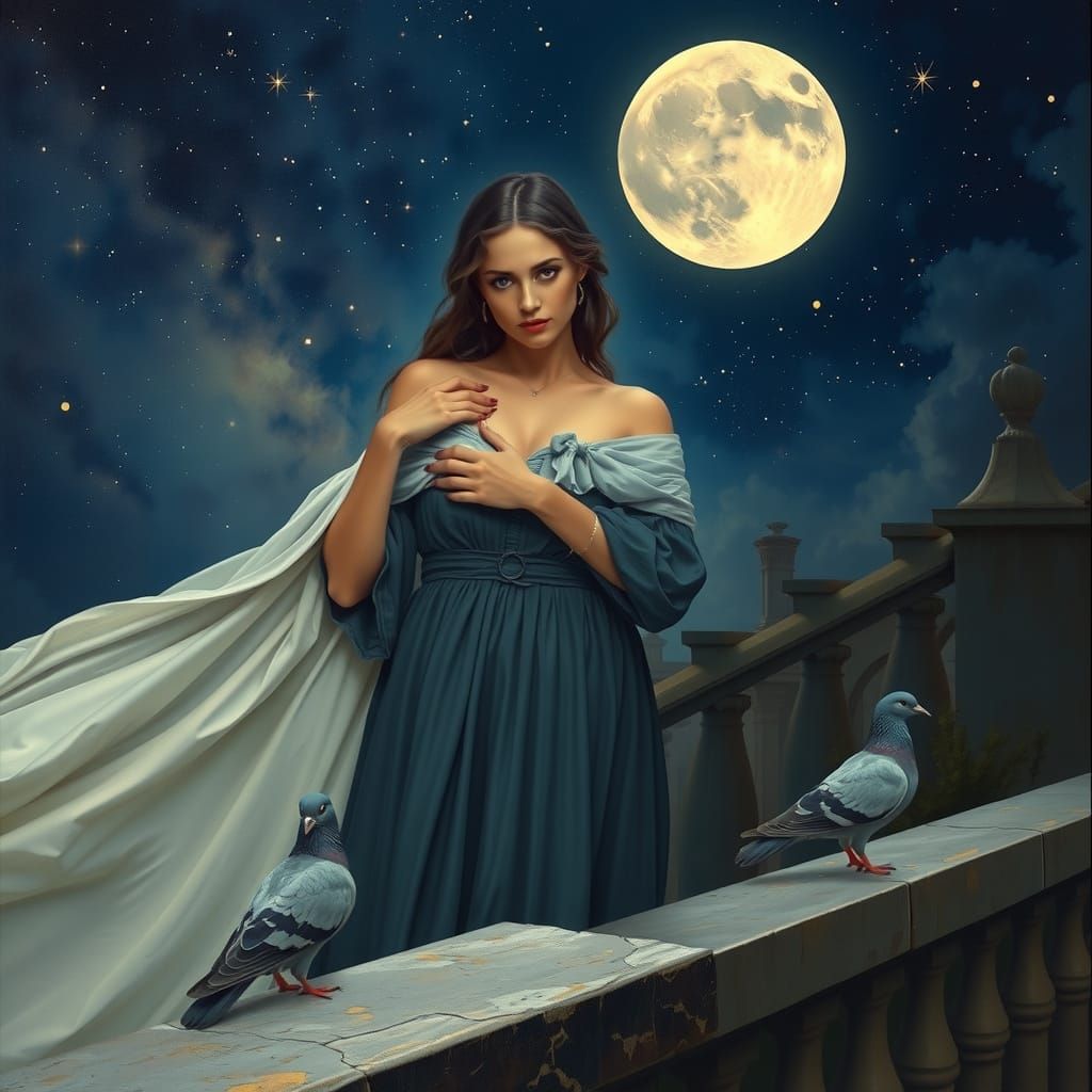 Melancholy Sisters Under Starry Sky in Classical Realism