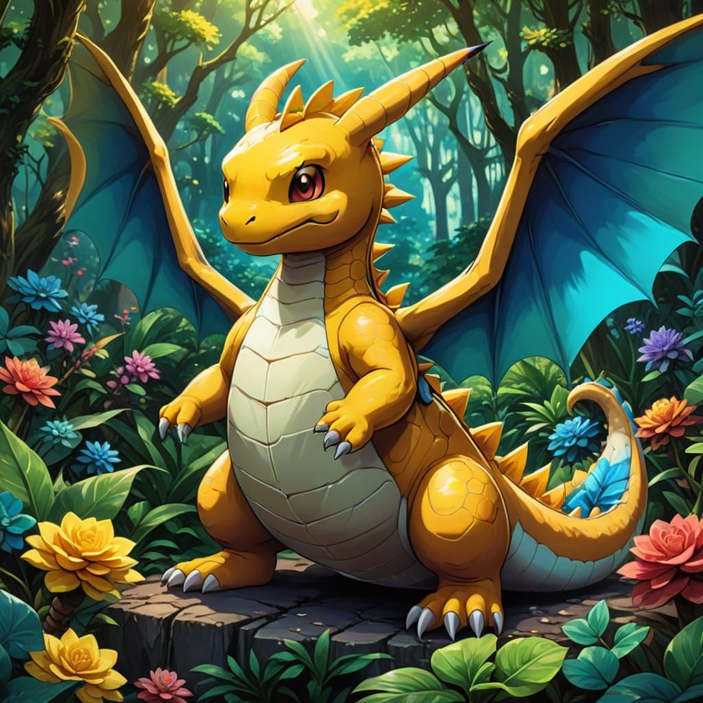 Majestic Dragonite Sits Regally Amidst Lush Forest, Eating G...