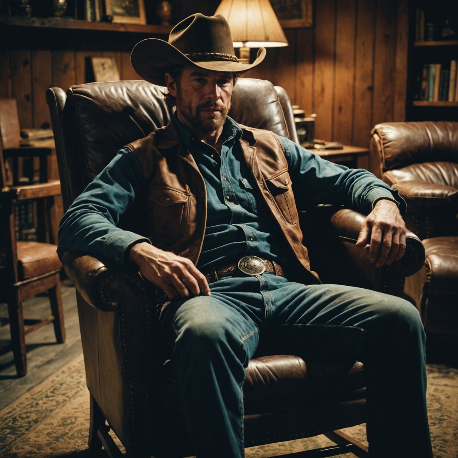 Exhausted Cowboy in Cinematic Film Still