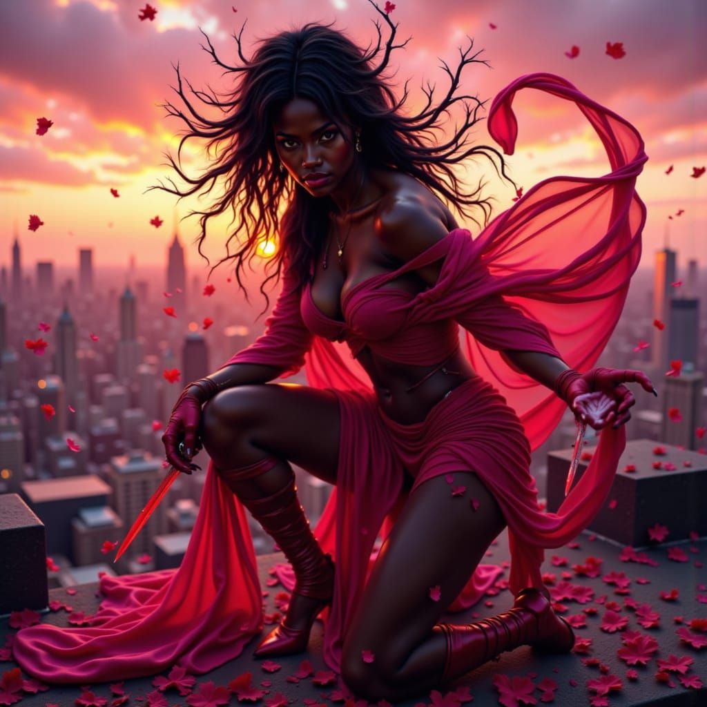 Rosebound Assassin Crouching on Rooftop at Sunset