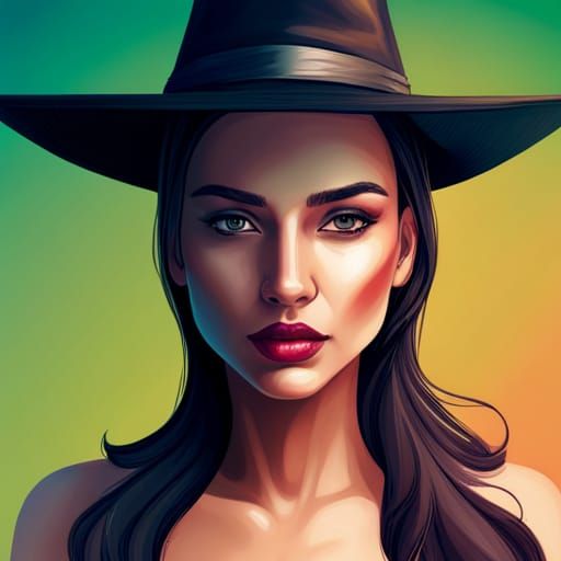 Beautiful Witch with Black Hair in Splash Art Style