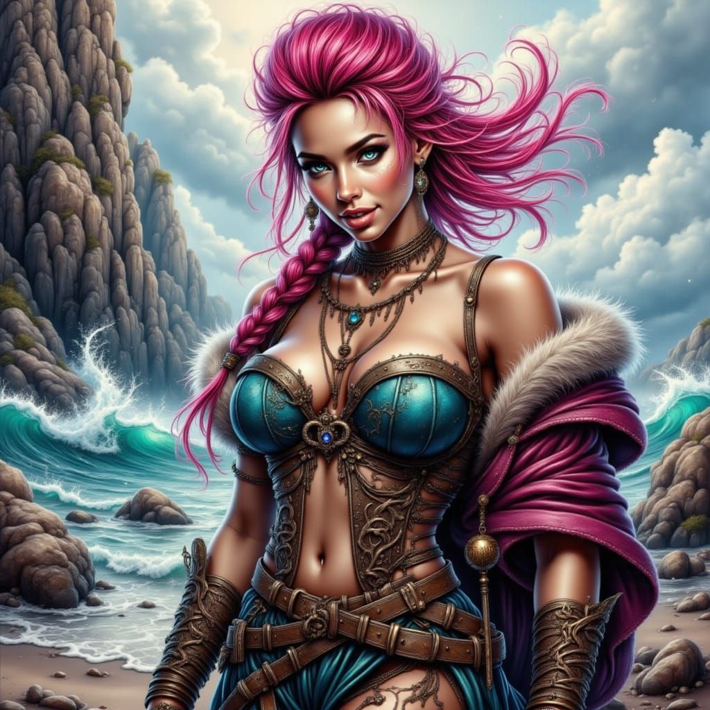 Cyberpunk Gothic Warrior in Watercolor Airbrush Style