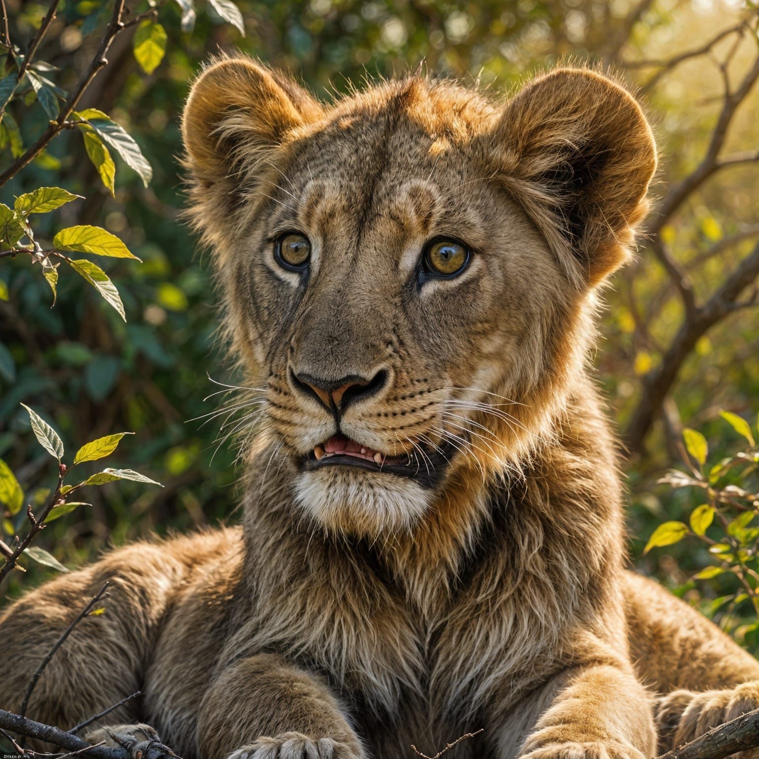 Lion Cub Playing with Branch
