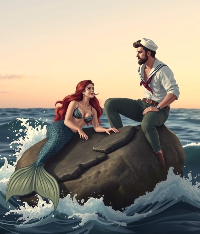Sailor Gazing at Mermaid in Splashing Waves