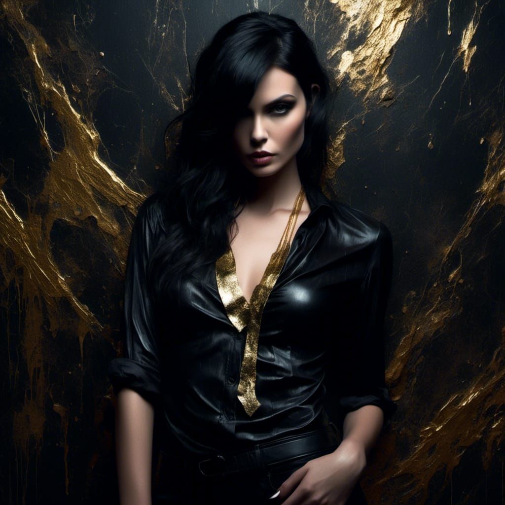 Gothic Noir Portrait of a Woman with Gold Trim