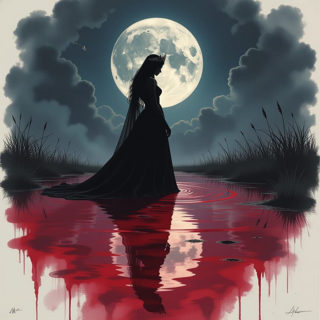 Fallen Queen's Shadow in Blood and Moonlight Art