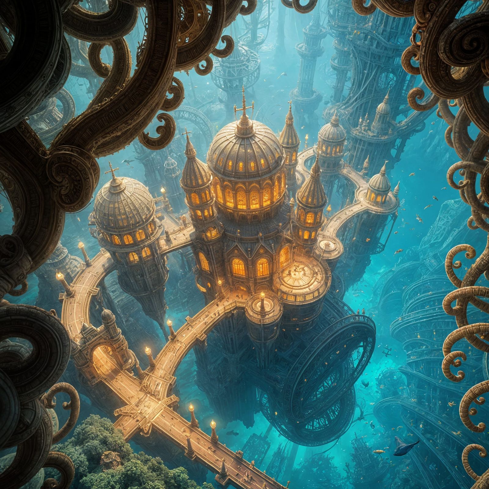 Underwater City in Bioluminescent Kelp Forest: Fantasy Conce...