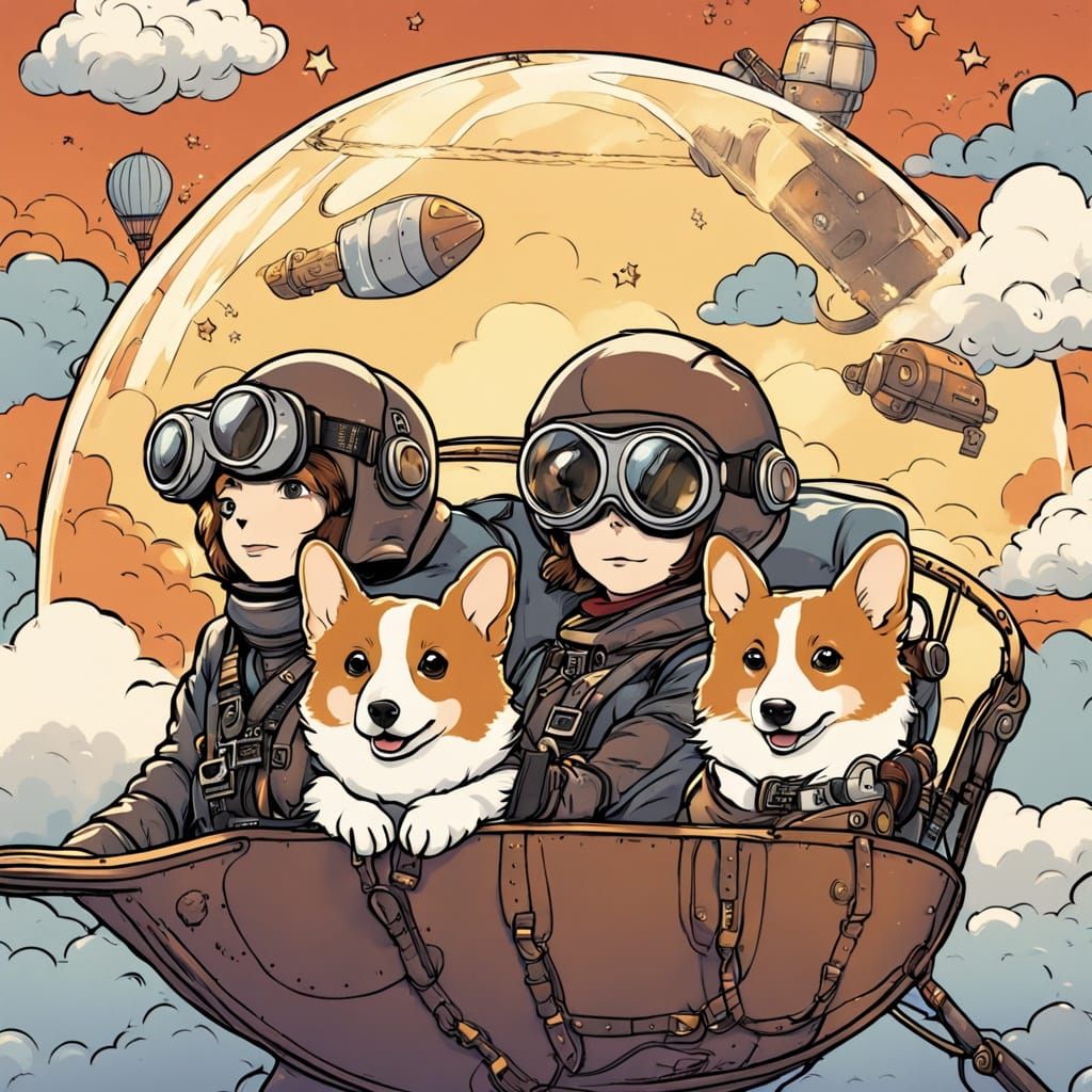 Corgis Pilot Steampunk Airship in Whimsical Studio Ghibli St...