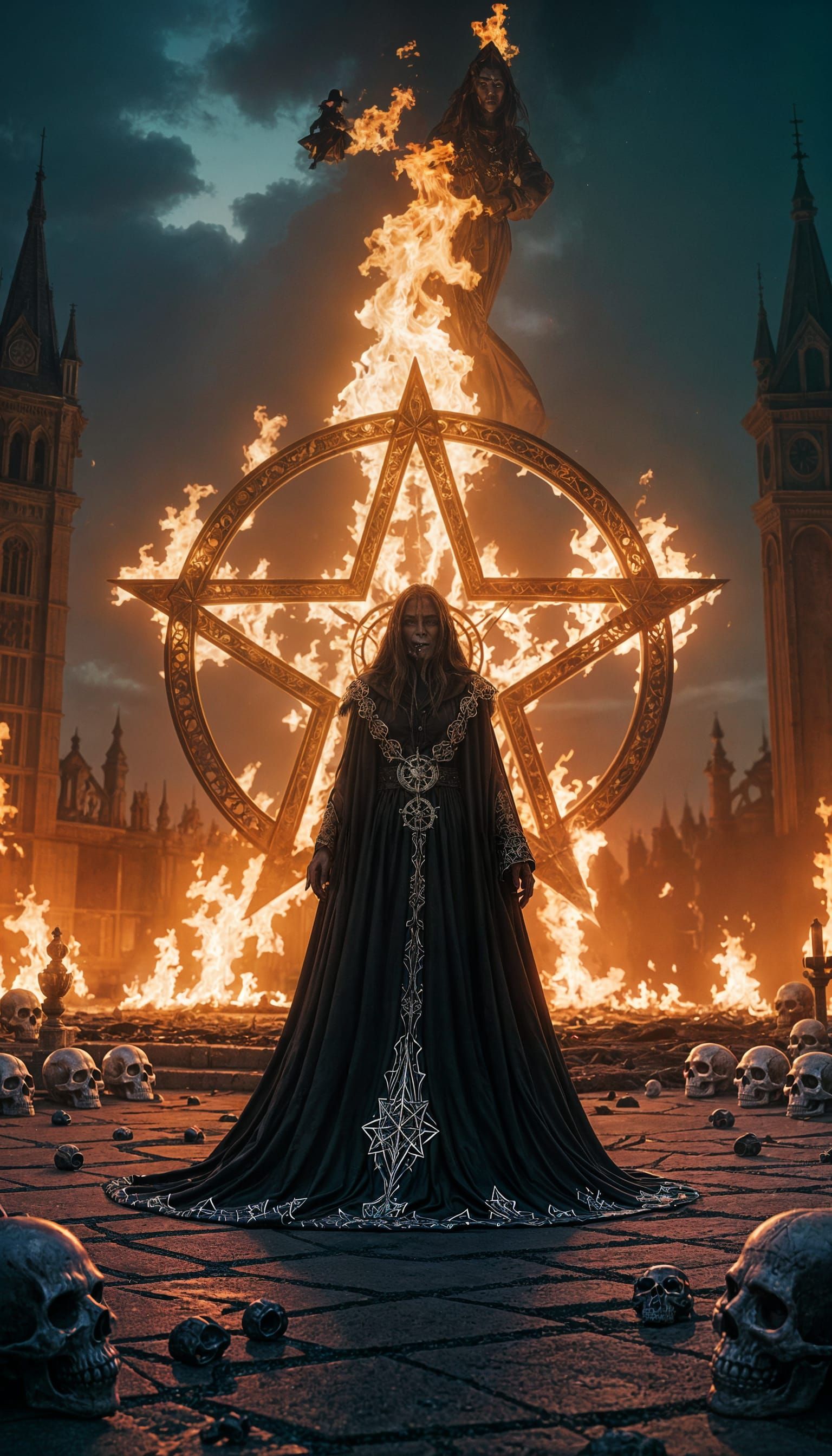 Powerful Witch in Burning Pentagram, Cinematic 8k Photo