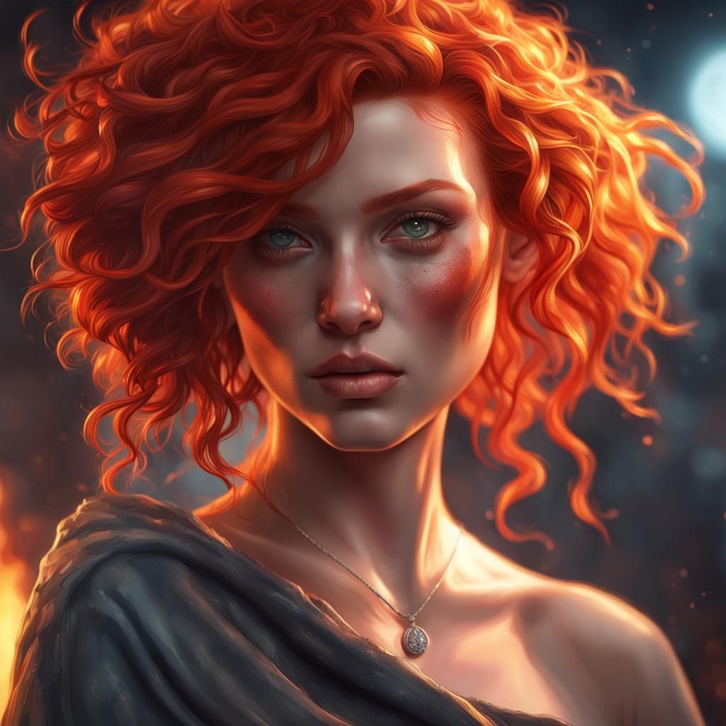 Fiery Red Hair Girl Crying Diamonds: Digital Art