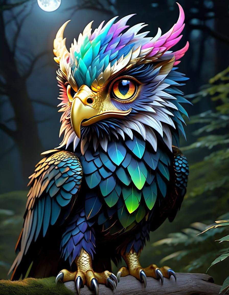 Colorful Chibi Dragon-Eagle Hybrid in Moonlight