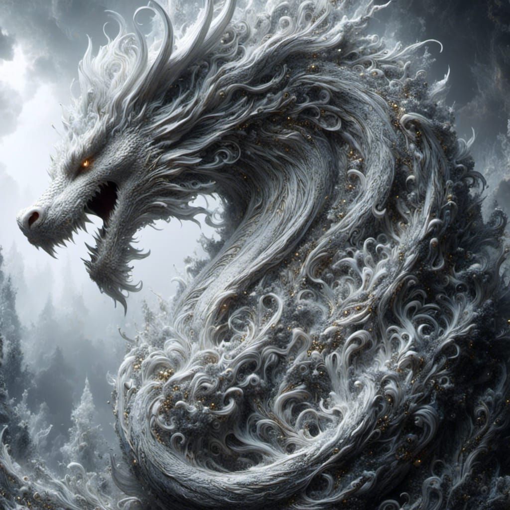 Hyperrealistic White Gold Dragon with Viking Warrior