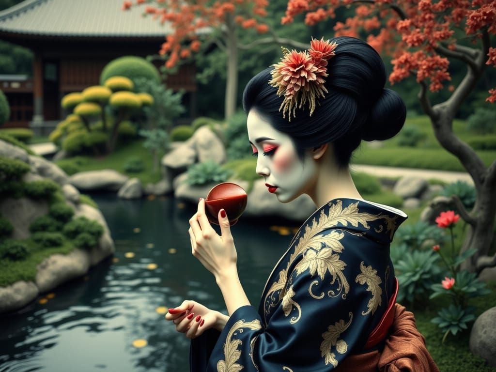 Gothic Geisha Enjoys Coffee in Zen Garden