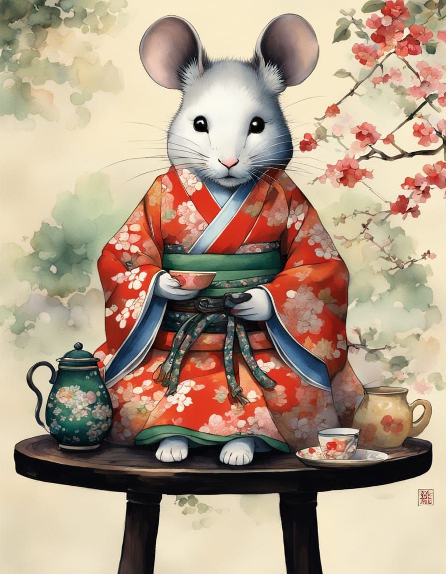 Whimsical Geisha Mouse Enjoys Steaming Green Tea