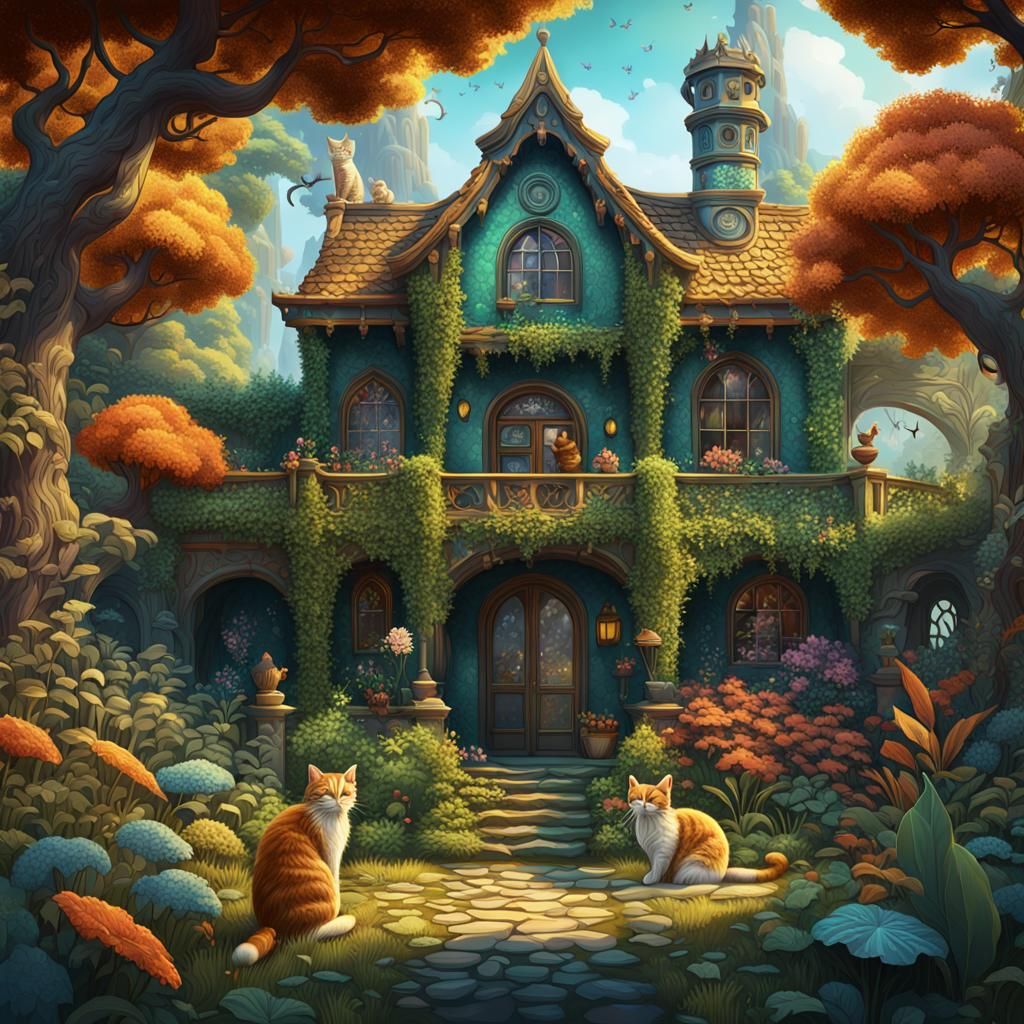Colorful Cartoon Cats in Detailed Landscape