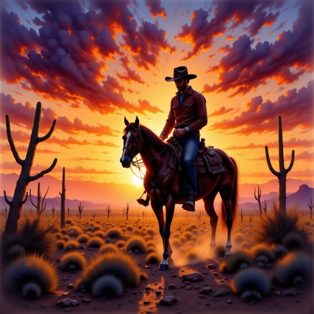 Cowboy Silhouette in Desert Sunset, Painterly Style
